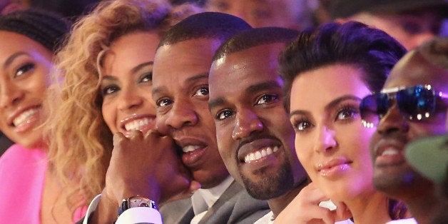 LOS ANGELES, CA - JULY 01: (L-R) Singer Beyonce, rappers Jay-Z and Kanye West and television personality Kim Kardashian attend the 2012 BET Awards at The Shrine Auditorium on July 1, 2012 in Los Angeles, California. (Photo by Christopher Polk/Getty Images For BET)