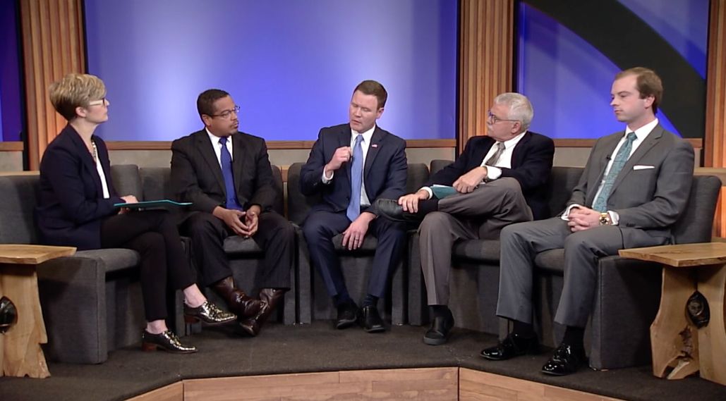 PBS co-host Cathy Wurzer, Rep. Keith Ellison, Republican Doug Wardlow, PBS co-host Eric Eskola and Grassroots-Legalize Cannabis candidate Noah Johnson participate in a televised Minnesota attorney general debate on Sept. 21.