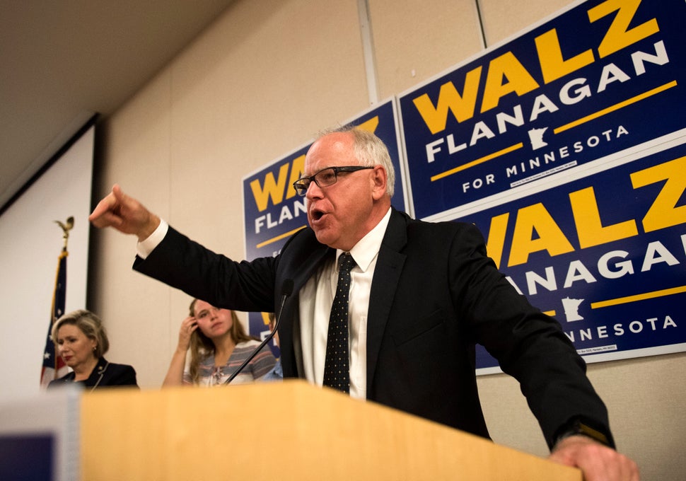 U.S. Rep. Tim Walz (D-Minn.), now the Democratic nominee for Minnesota governor, celebrates his primary win on Aug. 14 i