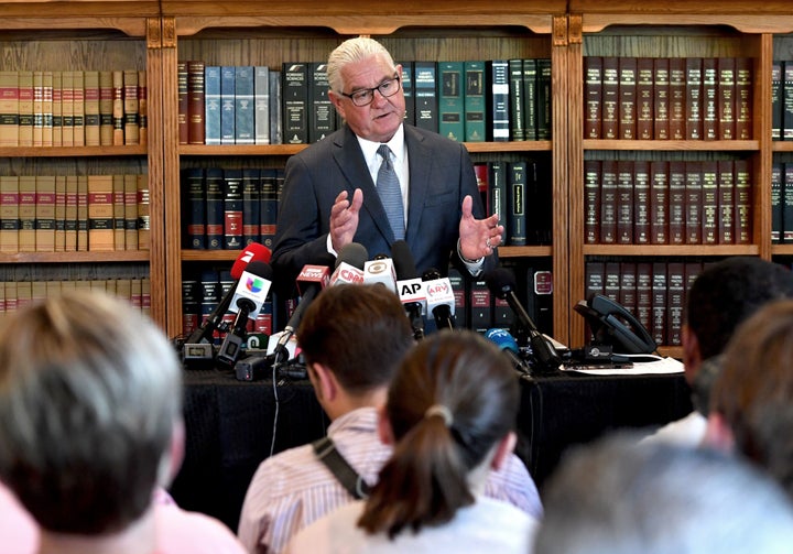 Kathryn Mayorga's attorney, Leslie Mark Stovall, speaks to reporters on Oct. 3, 2018, in Las Vegas.