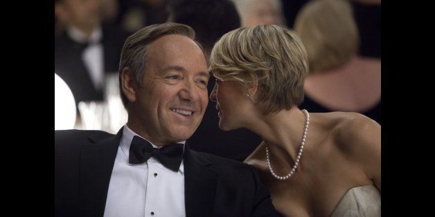 This image released by Netflix shows Kevin Spacey as U.S. Congressman Frank Underwood, left, and Robin Wright as Claire Underwood in a scene from the Netflix original series, "House of Cards." The new original series arrived in one big helping _ all 13 episodes of its first season _ on the subscription streaming service on Friday, Feb. 1, 2013, for viewers to enjoy, at their leisure, in the weeks, months or even years to come. (AP Photo/Netflix, Melinda Sue Gordon) (AP Photo/Netflix)