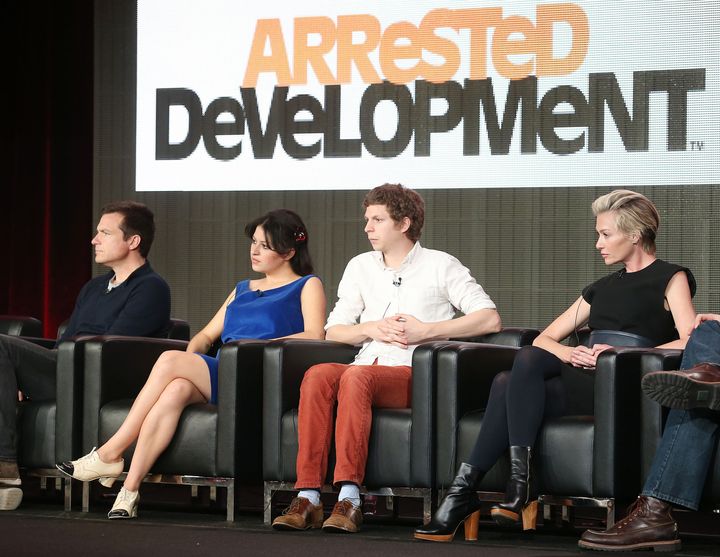 PASADENA, CA - JANUARY 09: (L-R) Actor Jason Bateman, actress Alia Shawkat, actor Michael Cera, and actress Portia de Rossi of the television show 'Arrested Development' speak during The Netflix Network portion of the 2013 Winter Television Critics Association Press Tour at the Langham Hotel and Spa on January 9, 2013 in Pasadena, California. (Photo by Frederick M. Brown/Getty Images)