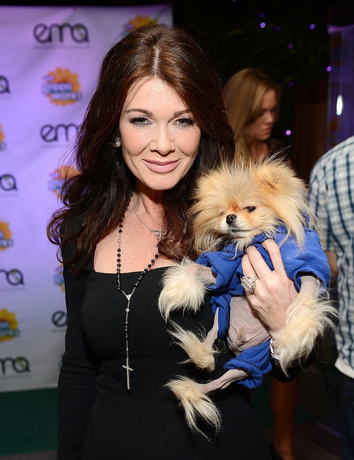 LOS ANGELES, CA - JANUARY 23: TV personality Lisa Vanderpump and her dog Jiggy attend Celebrities and the EMA Help Green Works Launch New Campaign at Sur Restaurant on January 23, 2013 in Los Angeles, California. (Photo by Michael Kovac/Getty Images for Green Works)