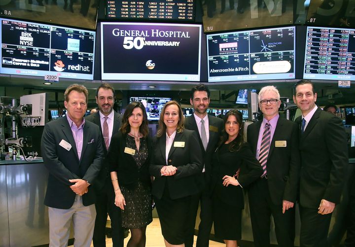 NEW YORK, NY - APRIL 01: (L-R) Kin Shriner, Ron Carlivati, Finola Hughes, Genie Francis, Jason Thompson, Kelly Monaco and Tony Geary of ABC's soap opera General Hospital ring the opening bell at the New York Stock Exchange on April 1, 2013 in New York City. (Photo by Astrid Stawiarz/Getty Images)