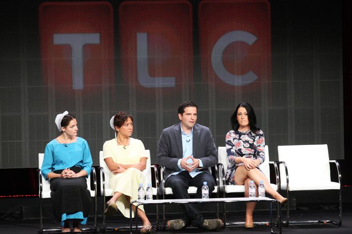 BEVERLY HILLS, CA - AUGUST 02: (L-R) Documentary subjects Kate and Sabrina and Executive Producers Eric Evangelista and Shannon Evangelista speak at the 'Breaking Amish' discussion panel during the Discovery Networks/TLC portion of the 2012 Summer Television Critics Association tour at the Beverly Hilton Hotel on August 2, 2012 in Los Angeles, California. (Photo by Frederick M. Brown/Getty Images)