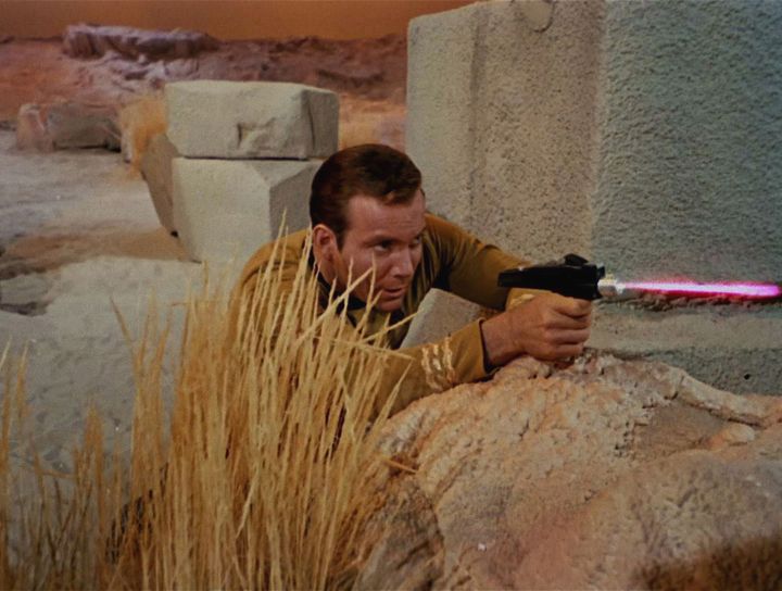Canadian actor William Shatner as Captain James T. Kirk shoots a phaser in a scene from 'The Man Trap,' the premiere episode of 'Star Trek,' which aired on September 8, 1966. (Photo by CBS Photo Archive/Getty Images)