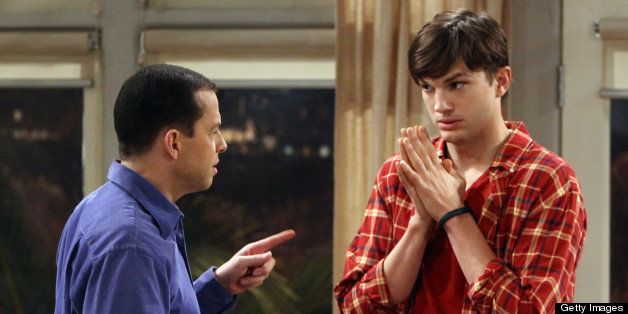 LOS ANGELES - MARCH 8: 'Bazinga! That's from a TV show.'-- Alan (Jon Cryer, left) and Walden (Ashton Kutcher, right) talk about Jake's cheating scandal with his older girlfriend's 18-year-old daughter, on TWO AND A HALF MEN, Thursday, April 4 (8:31 ' 9:01 PM, ET/PT) on the CBS Television Network. (Photo by Monty Brinton/CBS via Getty Images) 