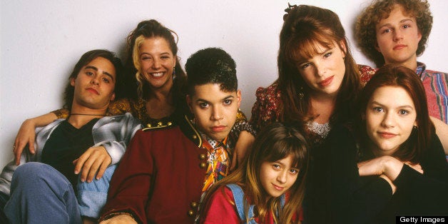 UNITED STATES - AUGUST 25: MY SO-CALLED LIFE - gallery - 8/25/94, Claire Danes (second from right) played Angela Chase, a 15-year-old who wanted to break out of the mold as a strait-laced teen-ager and straight-A student. Pictured, left to right: Jason Leto (Jordan Catalano), A.J. Langer (Rayanne Graff), Wilson Cruz (Rickie Vasquez), Lisa Wilhoit (Danielle Chase), Devon Odessa (Sharon Cherski), Claire Danes (Angela Chase), Devon Gummersall (Brian Krakow), (Photo by Mark Seliger/ABC via Getty Images)