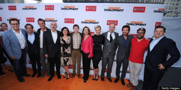 HOLLYWOOD, CA - APRIL 29: (L-R) Producer Mitchell Hurwitz, producer Brian Grazer, actor Will Arnett, actor Jeffrey Tambor, actress Alia Shawkat, actor Michael Cera, actress Jessica Walter, actress Portia de Rossi, actor Tony Hale, actor Jason Bateman, actor David Cross and Ted Sarandos, Chief Content Officer, Netflix arrive at the Los Angeles Premiere of Season 4 of Netflix's 'Arrested Development' at the TCL Chinese Theatre on April 29, 2013 in Hollywood, California. (Photo by Michael Buckner/Getty Images for Netflix)