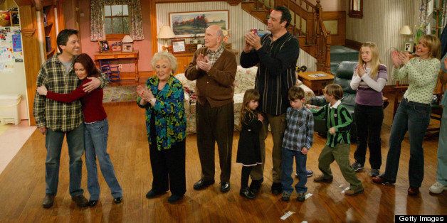 LOS ANGELES - JANUARY 29: The cast of 'Everybody Loves Raymond' at the taping of the final episode of the Emmy award-winning CBS comedy series on Saturday, January 29,2005. Pictured from left to right are Ray Romano, Patricia Heaton, Doris Roberts, Peter Boyle, Brad Garrett (with his two children) Sawyer and Sullivan Sweeten (partially behind Garrett) Madylin Sweeten and Monica Horan. (Photo by Richard Cartwright/CBS Photo Archive via Getty Images)