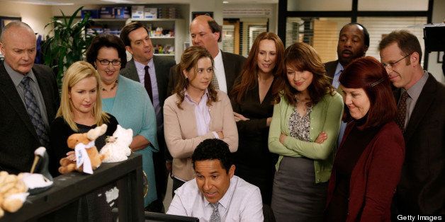 THE OFFICE -- 'Promos' Episode 918 -- Pictured: (l-r) Creed Bratton as Creed Bratton, Angela Kinsey as Angela Martin, Phyllis Smith as Phyllis Vance, Ed Helms as Andy Bernard, Jenna Fischer as Pam Beesly Halpert, Brian Baumgartner as Kevin Malone, Oscar Nunez as Oscar Martinez, Catherine Tate as Nellie Bertram, Ellie Kemper as Erin Hannon, Leslie David Baker as Stanley Hudson, Kate Flannery as Meredith Palmer, Paul Lieberstein as Toby Flenderson-- (Photo by: Tyler Golden/NBC/NBCU Photo Bank via Getty Images)