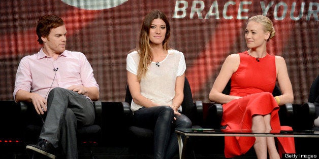 BEVERLY HILLS, CA - JULY 30: (L-R) Actors Michael C. Hall, Jennifer Carpenter, and Yvonne Strahovski speak at the 'Dexter' d