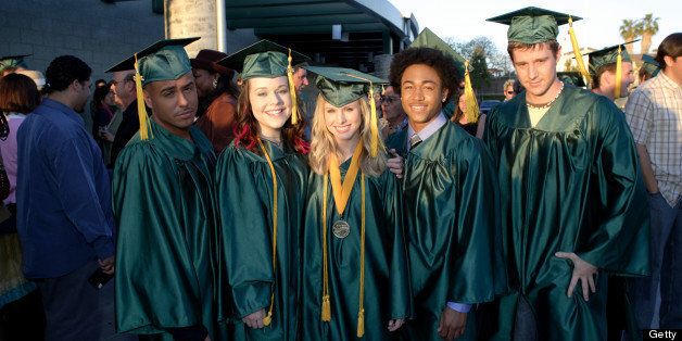UNSPECIFIED - MAY 22: Medium publicity shot at graduation ceremony of Francis Capra as Weevil, Tina Majorino as Mac, Kristen Bell as Veronica, Percy Daggs III as Wallace and Jason Dohring as Logan, each wearing cap and gown. (Photo by Scott Humbert/Warner Bros./Getty Images)