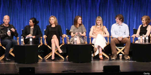 BEVERLY HILLS, CA - MARCH 15: (L-R) Tim Minear, Dante Di Loreto, Brad Falchuk, Ryan Murphy, Denise Martin, Jessica Lange, Sarah Paulson, Lily Rabe, Evan Peters, Frances Conroy, and Naomi Grossman speak during The Paley Center For Media's PaleyFest 2013 Honoring 'American Horror Story: Asylum' at the Saban Theatre on March 15, 2013 in Beverly Hills, California. (Photo by Frederick M. Brown/Getty Images)