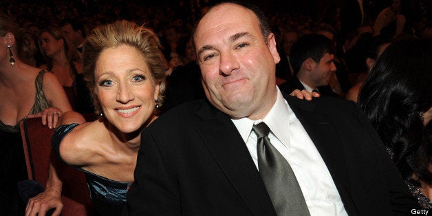 (EXCLUSIVE, Premium Rates Apply) NEW YORK - JUNE 07: *EXCLUSIVE* Edie Falco and James Gandolfini in the audience at the 63rd Annual Tony Awards at Radio City Music Hall on June 7, 2009 in New York City. (Photo by Kevin Mazur/WireImage for Tony Awards)