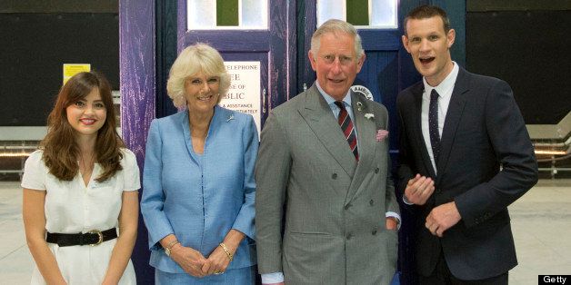 CARDIFF, WALES - JULY 03: Camilla, Duchess of Cornwall and Prince Charles, Prince of Wales meet current stars of Doctor Who Matt Smith and Jenna-Louise Coleman during their visit BBC Roath Lock Studios on July 3, 2013 in Cardiff, Wales. (Photo by Arthur Edwards - WPA Pool/Getty Images)