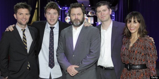 NBCUNIVERSAL EVENTS -- 2011 NBC Upfront Presentation -- Red Carpet -- PIctured: Adam Scott, Chris Pratt, Nick Offerman, Rashida Jones ; 'Parks and Recreation' -- Photo by: Paul Drinkwater/NBC/NBCU Photo Bank