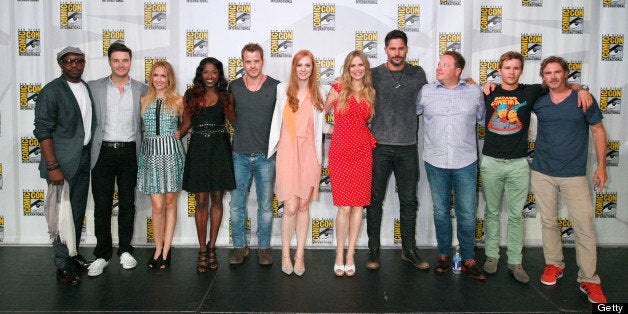 SAN DIEGO, CA - JULY 20: (L-R) Actors Nelsan Ellis, Michael McMillian, Anna Camp, Rutina Wesley, Robert Kazinsky, Deborah Ann Woll, Kristin Bauer van Straten, Joe Manganiello, producer Brian Buckner, actors Ryan Kwanten and Sam Trammell attend HBO's 'True Blood' Panel at San Diego Convention Center on July 20, 2013 in San Diego, California. (Photo by FilmMagic/FilmMagic)