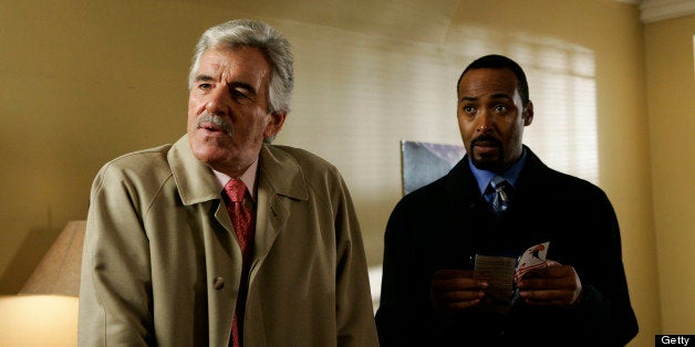 LAW & ORDER -- 'New York Minute' Episode 8 -- Air Date 11/16/2005 -- Pictured: (l-r) Jeremy Bobb as Aftermath Uni, Jesse L. Martin as Detective Ed Green, Dennis Farina as Detective Joe Fontana (Photo by Will Hart/NBC/NBCU Photo Bank via Getty Images)