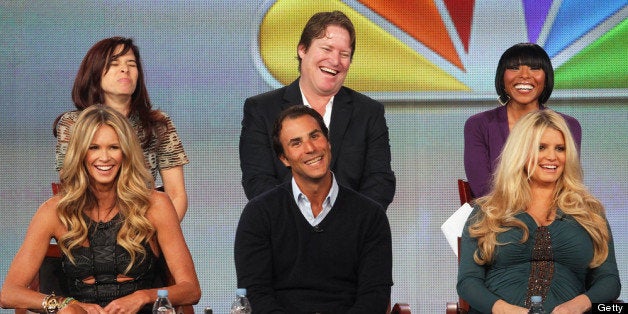 PASADENA, CA - JANUARY 06: (Top Row) Executive Producer Jane Lipsitz, Executive Producer Rick Ringbakk, Macy's Caprice Willard, (Bottom Row) Executive Producer/Host Elle Macpherson, Executive Producer Ben Silverman and Celebrity Mentor Jessica Simpson speak onstage during the 'Fashion Star' panel during the NBCUniversal portion of the 2012 Winter TCA Tour at The Langham Huntington Hotel and Spa on January 6, 2012 in Pasadena, California. (Photo by Frederick M. Brown/Getty Images)