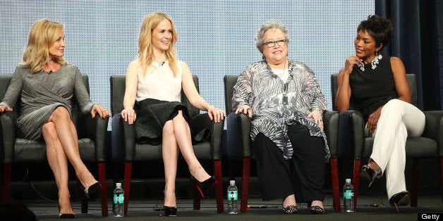 BEVERLY HILLS, CA - AUGUST 02: (L-R) Actresses Jessica Lange, Sarah Paulson, Kathy Bates, and Angela Bassett speak onstage d