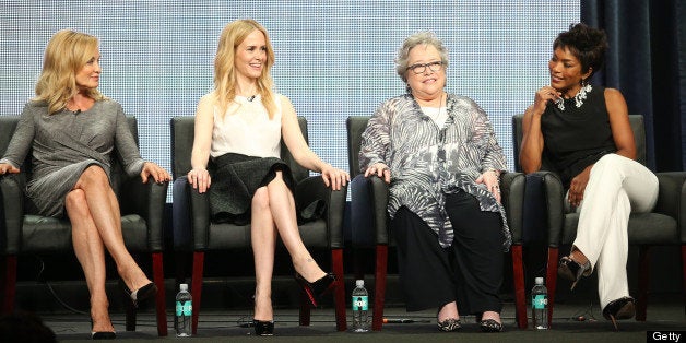 BEVERLY HILLS, CA - AUGUST 02: (L-R) Actresses Jessica Lange, Sarah Paulson, Kathy Bates, and Angela Bassett speak onstage during the 'American Horror Story: Coven' panel discussion at the FX portion of the 2013 Summer Television Critics Association tour - Day 10 at The Beverly Hilton Hotel on August 2, 2013 in Beverly Hills, California. (Photo by Frederick M. Brown/Getty Images)