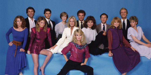 LOS ANGELES - JANUARY 1: KNOTS LANDING. From left: Kim Landford stars as Ginger Ward, James Houghton as Kenny Ward, Lisa Hartman as Ciji Dunne, unidentified actor, Julie Harris as Lilimae Clements, Joan Van Ark as Valene Ewing Gibson Waleska, Donna Mills as Abby Cunningham Ewing Sumner, Kevin Dobson as M. Patrick MacKenzie, Michele Lee as Karen Fairgate, John Pleshette as Richard Avery, Constance McCashin as Laura Avery Sumner, Ted Shackelford as Gary Ewing, and unidentified actress. Image dated 1982. (Photo by CBS via Getty Images) 