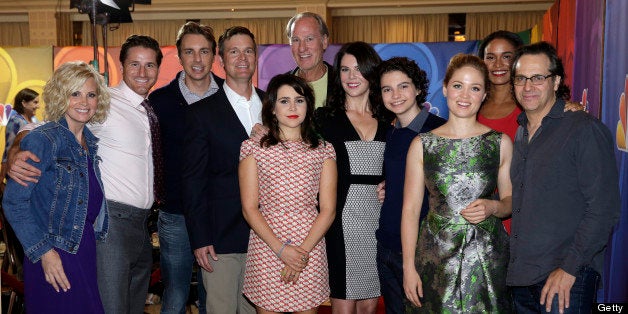 NBCUNIVERSAL EVENTS -- NBCUniversal Press Tour July 2013 -- Pictured: (l-r) Monica Potter, Sam Jaeger, Dax Shepard, Peter Krause, Mae Whitman, Craig T. Nelson, Lauren Graham, Max Burkholder, Erika Christensen, Joy Bryant, Jason Katims, Executive Producer of 'Parenthood' -- (Photo by: Paul Drinkwater/NBC/NBCU Photo Bank via Getty Images)