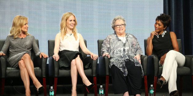 BEVERLY HILLS, CA - AUGUST 02: (L-R) Actresses Jessica Lange, Sarah Paulson, Kathy Bates, and Angela Bassett speak onstage during the 'American Horror Story: Coven' panel discussion at the FX portion of the 2013 Summer Television Critics Association tour - Day 10 at The Beverly Hilton Hotel on August 2, 2013 in Beverly Hills, California. (Photo by Frederick M. Brown/Getty Images)