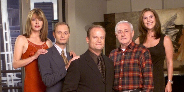 385849 12: Cast Members Of Nbc Television Comedy Series 'Frasier' Pictured: (L-R) Jane Leeves As Daphne Moon, David Hyde Pierce As Dr. Niles Crane, Kelsey Grammer As Dr. Frasier Crane, John Mahoney As Martin Crane, And Peri Gilpin As Roz Doyle. (Photo By Getty Images)