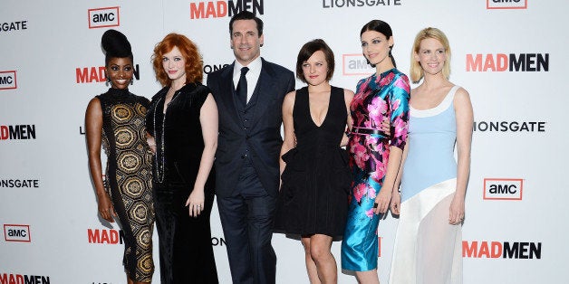 LOS ANGELES, CA - MARCH 20: (L-R) Actors Teyonah Parris, Christina Hendricks, Jon Hamm, Elisabeth Moss, Jessica Pare and January Jones arrive at AMC's 'Mad Men' Season 6 Premiere at the DGA Theater on March 20, 2013 in Los Angeles, California. (Photo by Amanda Edwards/WireImage)