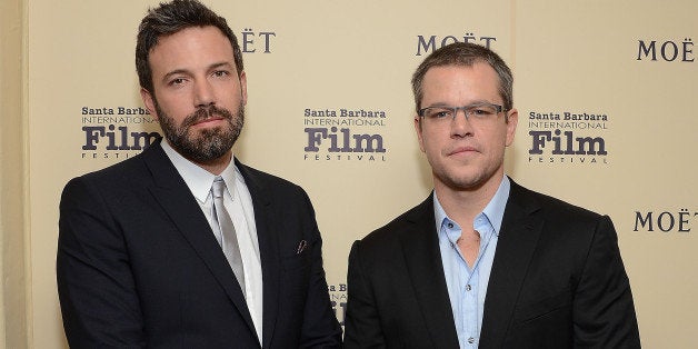 SANTA BARBARA, CA - JANUARY 25: Actors Ben Affleck (L) and Matt Damon visit The Moet & Chandon Lounge at The Santa Barbara International Film Festival on January 25, 2013 in Santa Barbara, California. (Photo by Michael Kovac/WireImage)