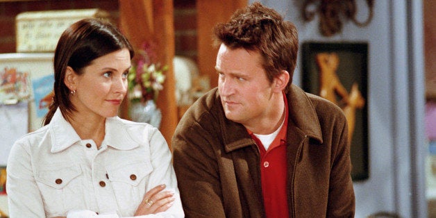 FRIENDS -- 'The One with the Truth About London' Episode 16 -- Aired 2/22/2001 -- Pictured: (l-r) Courteney Cox as Monica Geller, Matthew Perry as Chandler Bing (Photo by NBC/NBCU Photo Bank via Getty Images)