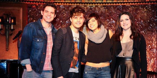 NEW YORK, NY - DECEMBER 06: (L-R) Jeremy Jordan, Andy Mientus, Krysta Rodriguez and Carrie Manolakos attend the 'Hit List' p