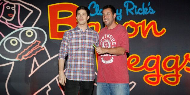 CANCUN - APRIL 16: In this handout image provided by Sony, Actors Andy Samberg and Adam Sandler attend the 'That's My Boy' photo call at Summer of Sony 4 Spring Edition held at the Ritz Carlton Hotel on April 16, 2012 in Cancun, Mexico. (Photo by Matt Dames/Sony via Getty Images)