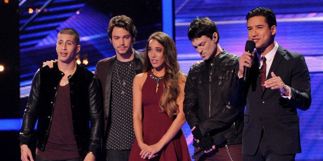 HOLLYWOOD, CA - DECEMBER 12: (L-R) Finalists Carlito Olivero, Alex & Sierra, Jef Gutt and host Mario Lopez onstage on FOX's 'The X Factor' Season 3 Top 4 To 3 Live Elimination Show on December 12, 2013 in Hollywood, California. (Photo by Ray Mickshaw/FOX via Getty Images)