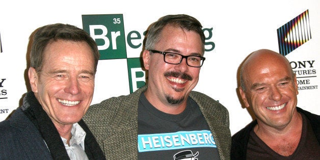 LOS ANGELES, CA - NOVEMBER 25: (L-R) Actor Bryan Cranston, creator Vince Gilligan and actor Dean Norris attend the Sony Pictures Home Entertainment's No Half Measures Creating The Final Season Of Breaking Bad screening held at the Pacific Theatre at The Grove on November 25, 2013 in Los Angeles, California. (Photo by Tommaso Boddi/WireImage)