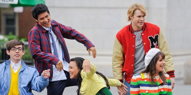 NEW YORK, NY - APRIL 29: (L to R) Actors Kevin McHale, Harry Shum Jr., Naya Rivera, Chord Overstreet, and Lea Michele film a