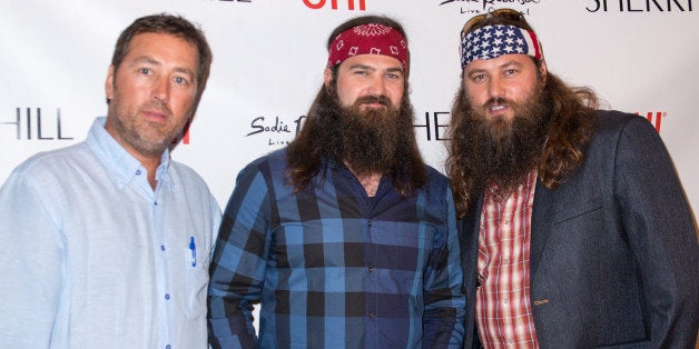 NEW YORK, NY - SEPTEMBER 09: (L-R) TV personalities Alan Robertson, Jep Robertson and Willie Robertson attend the Evening By Sherri Hill Spring 2014 show at Trump Tower on September 9, 2013 in New York City. (Photo by Michael Stewart/FilmMagic)