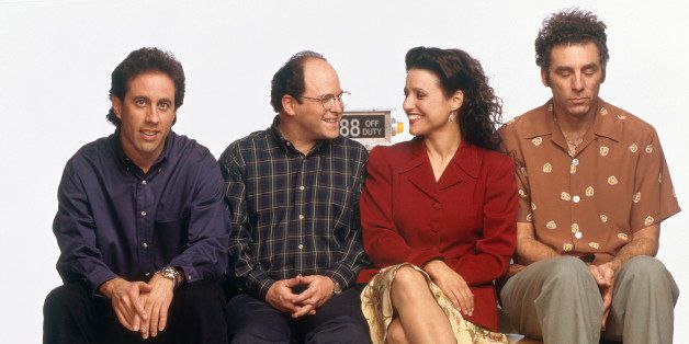 SEINFELD -- Season 6 -- Pictured: (l-r) Jerry Seinfeld, Jason Alexander as George Costanza, Julia Louis-Dreyfus as Elaine Benes, Michael Richards as Cosmo Kramer (Photo by George Lange/NBC/NBCU Photo Bank via Getty Images)
