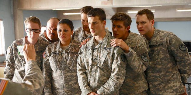 ENLISTED: (L-R) Mort Burke, Mel Rodriguez, Michelle Buteau, Geoff Stults, Parker Young, Chris Lowell and Kyle Davis in the 'Prank War' episode of ENLISTED airing Friday, Jan. 24, 2014 (9:30-10:00 PM ET/PT) on FOX. (Photo by FOX via Getty Images)