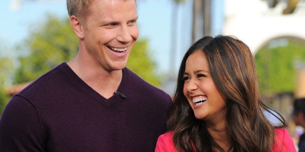 UNIVERSAL CITY, CA - JANUARY 23: Sean Lowe (L) and Catherine Giudici visit 'Extra' at Universal Studios Hollywood on January