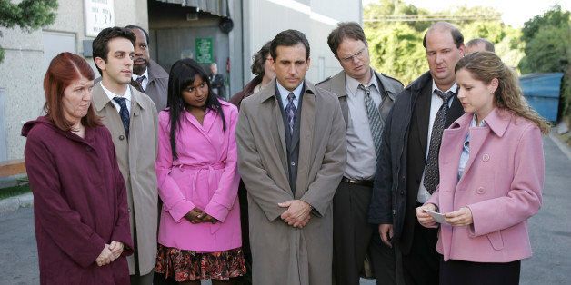 THE OFFICE -- 'Grief Counseling' Episode 4 -- Aired 10/12/06 -- Pictured: (l-r) Kate Flannery as Meredith Palmer, B.J. Novak as Ryan Howard, Leslie David Baker as Stanley Hudson, Mindy Kaling as Kelly Kapoor, Steve Carell as Michael Scott, Rainn Wilson as Dwight Schrute, Brian Baumgartner as Kevin Malone, Jenna Fischer as Pam Beesly (Photo by Justin Lubin/NBC/NBCU Photo Bank via Getty Images)