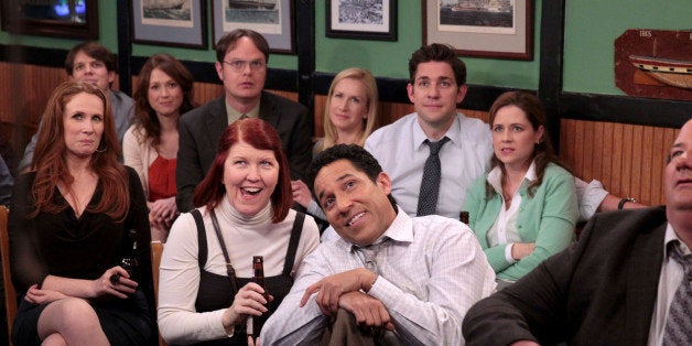 THE OFFICE -- 'A.A.R.M.' Episode 922 -- Pictured: (l-r) Catherine Tate as Nellie Bertram, Jake Lacy as Pete, Ellie Kemper as Erin Hannon, Rainn Wilson as Dwight Schrute, Kate Flannery as Meredith Palmer, Angela Kinsey as Angela Martin, Oscar Nunez as Oscar Martinez, John Krasinski as Jim Halpert, Jenna Fischer as Pam Beesly Halpert -- (Photo by: Chris Haston/NBC/NBCU Photo Bank via Getty Images)