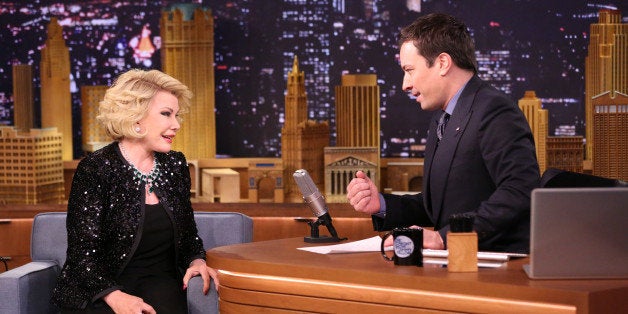 THE TONIGHT SHOW STARRING JIMMY FALLON -- Episode 0029 -- Pictured: Television personality Joan Rivers during an interview with host Jimmy Fallon on March 27, 2014 -- (Photo by: Nathaniel Chadwick/NBC/NBCU Photo Bank via Getty Images)