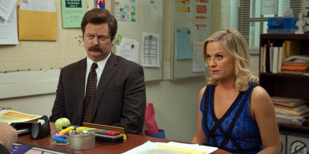 PARKS AND RECREATION -- 'Prom' Episode 618 -- Pictured: (l-r) Nick Offerman as Ron Swanson, Amy Poehler as Leslie Knope -- (Photo by: Colleen Hayes/NBC/NBCU Photo Bank via Getty Images)