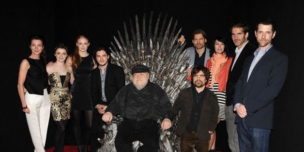 HOLLYWOOD, CA - MARCH 19: (L-R) Actors Michelle Fairley, Maisie Williams, Sophie Turner, Kit Harington, executive producer George R.R. Martin, actors Nikolaj Coster-Waldau, Peter Dinklage, Lena Headey, co-creator/executive producer David Banioff and co-creator/executive producer D.B. Weiss attend an evening with 'Game Of Thrones' at TCL Chinese Theatre on March 19, 2013 in Hollywood, California. (Photo by Jason LaVeris/FilmMagic)