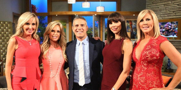 THE REAL HOUSEWIVES OF ORANGE COUNTY -- 'Reunion' -- Pictured: (l-r) Shannon Beador, Tamra Judge, Andy Cohen, Heather Dubrow, Vicki Gunvalson -- (Photo by: Evans Vestal Ward/Bravo/NBCU Photo Bank via Getty Images)