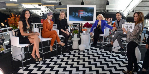 NEW YORK, NY - SEPTEMBER 12: Designer Kimora Lee Simmons, host Kelly Osbourne, designer Jenny Packham, hosts Joan Rivers and George Kotsiopoulos and producer Melissa Rivers are seen on the set of Fashion Police at Spring 2013 Mercedes-Benz Fashion Week at Lincoln Center for the Performing Arts on September 12, 2012 in New York City. (Photo by Andrew H. Walker/Getty Images for Mercedes-Benz Fashion Week)