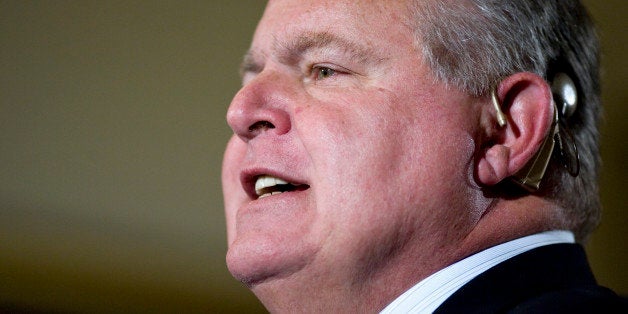 Conservative talk radio host Rush Limbaugh attends a ceremony in the East Room of the White House in Washington, Tuesday, Jan